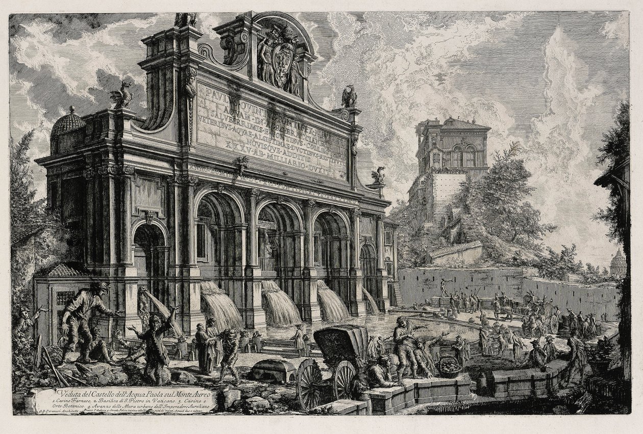 Näkymä Acqua Paolan suihkulähteen yläosasta Gianicololla (teoksesta: Vedute di Roma) tekijältä Giovanni Battista Piranesi
