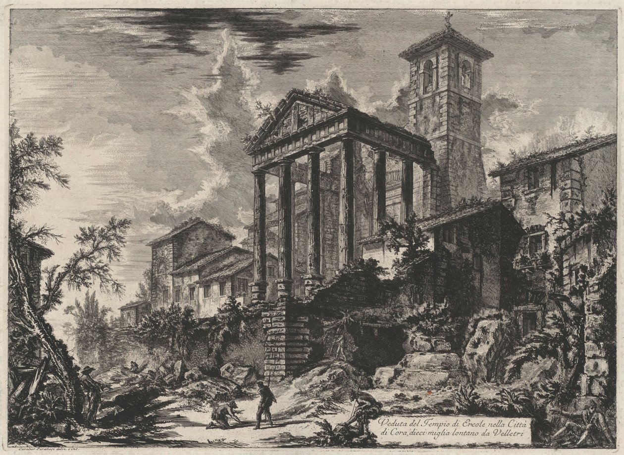 Näkymä Herkuleen temppelille Coran kaupungissa, kymmenen mailin päässä Velletristä (teoksesta: Vedute di Roma) tekijältä Giovanni Battista Piranesi