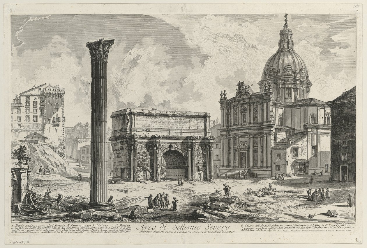 Näkymä Septimius Severuksen riemukaaresta tekijältä Giovanni Battista Piranesi