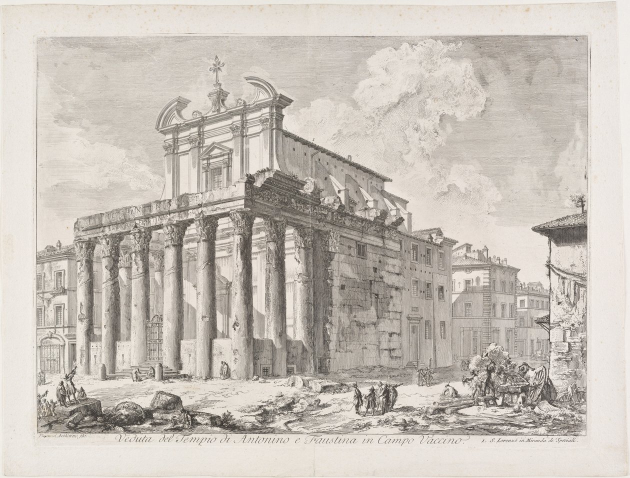 Näkymä Antoninuksen ja Faustinan temppelille Campo Vaccinolla tekijältä Giovanni Battista Piranesi