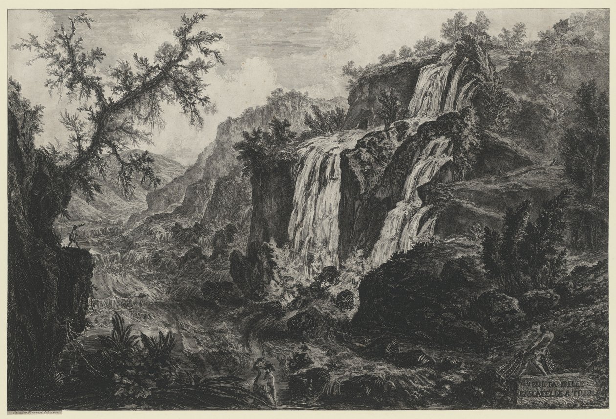 Näkymä Tivolin vesiputoukselle (teoksesta Vedute di Roma) tekijältä Giovanni Battista Piranesi