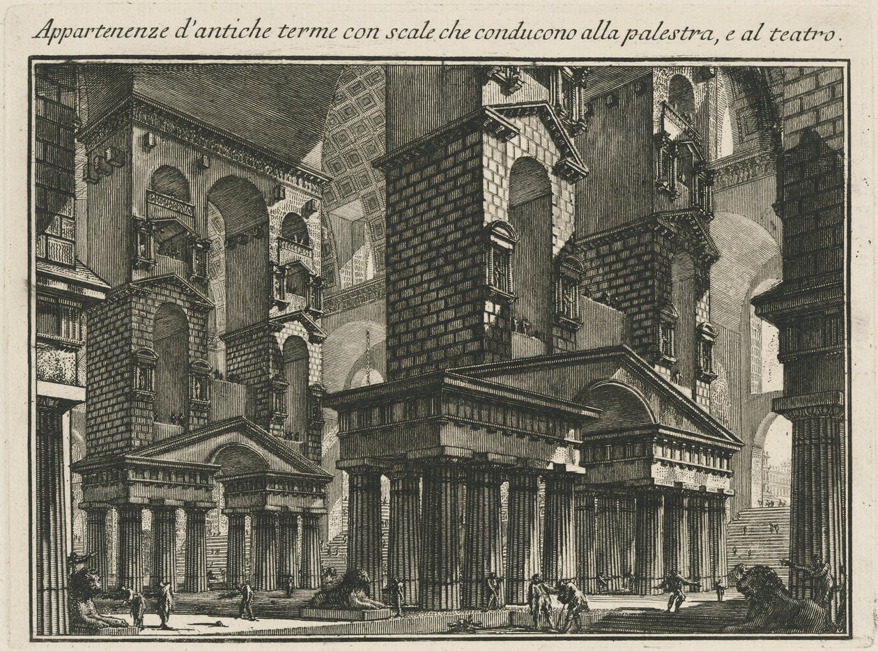 Muinaisten kylpylöiden tavarat, joiden portaat johtavat palestariin ja teatteriin tekijältä Giovanni Battista Piranesi