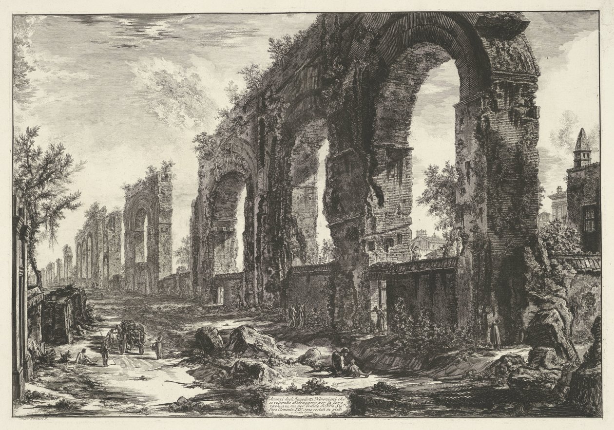Aquaduct van Nero te Rome Neronin akveduktien jäännökset, jotka he halusivat tuhota vanhuuden vuoksi (...) (otsikko esineessä) Gezichten op Rome (sarjan nimi) Näkymät Roomaan suunnitellut ja kaivertanut Giambattista Piranesi arkkitehti Ve (nez) iano (ser) tekijältä Giovanni Battista Piranesi