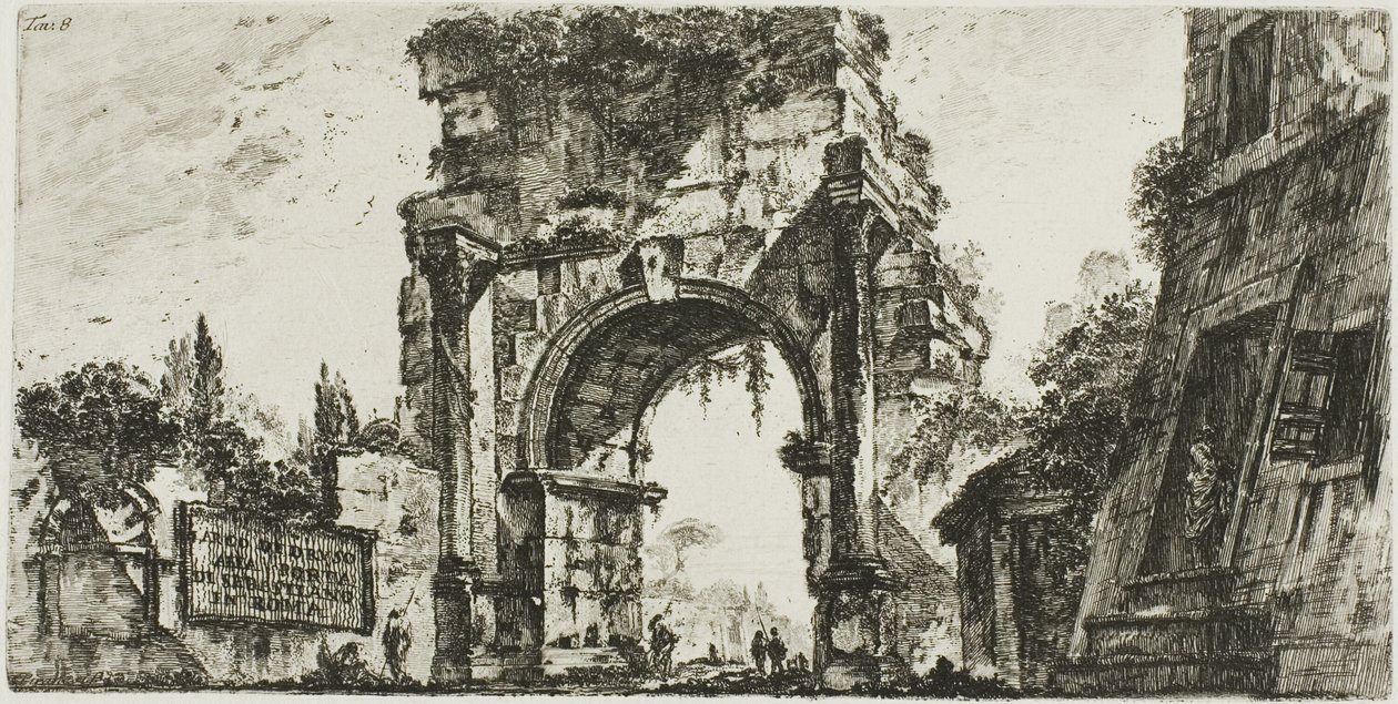 Drusuksen kaari Porta S. Sebastianossa Roomassa, levy 8 Joiltakin riemukaarien ja muiden monumenttien näkymistä tekijältä Giovanni Battista Piranesi