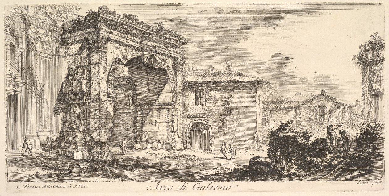 Galienuksen kaari. 1. S. Vito Arco di Gallienon kirkon julkisivu. 1. Facciata of the..., n. 1748. tekijältä Giovanni Battista Piranesi