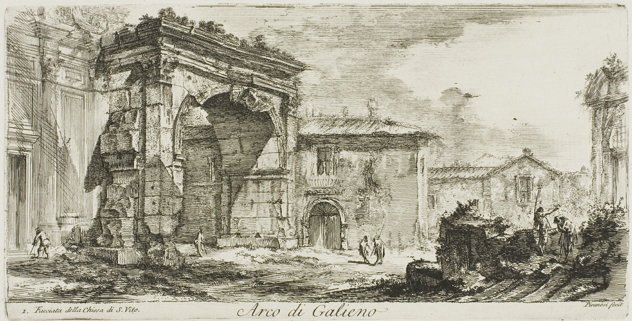 Galienuksen kaari. I. S. Viton kirkon julkisivu, levy 29 teoksesta Joitakin näkymiä riemukaarista ja muista muistomerkeistä. tekijältä Giovanni Battista Piranesi