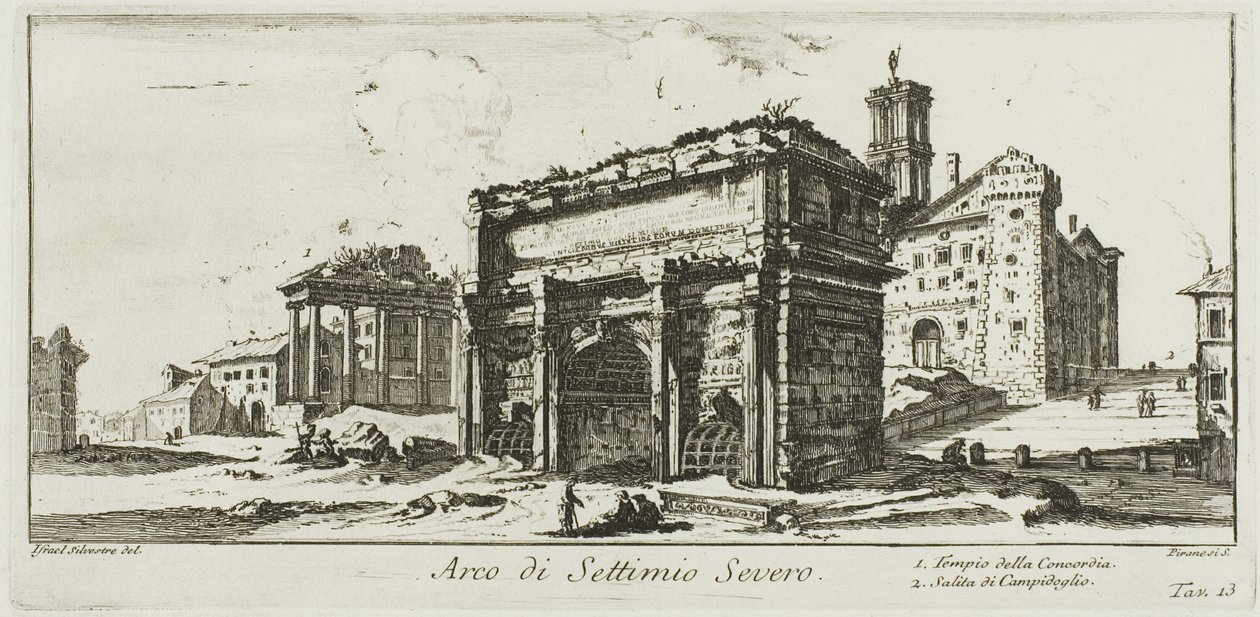 Septimius Severuksen kaari. 1. Concordin temppeli. 2. Nousu Capitoline-kukkulalle, levy 13 joistakin riemukaarien ja muiden monumenttien näkymistä tekijältä Giovanni Battista Piranesi