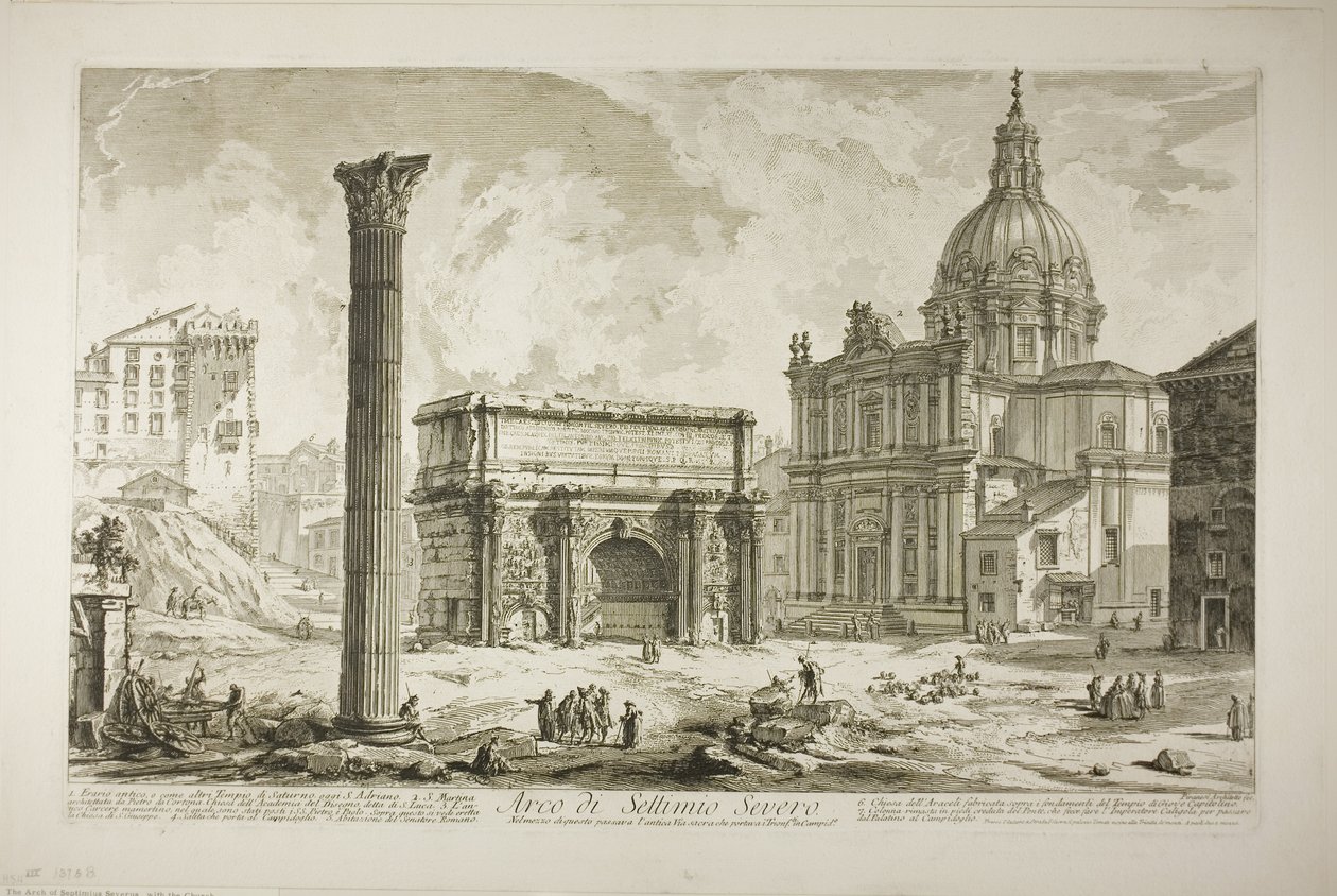 Septimius Severuksen kaari, jonka läpi kulki muinaisen pyhän tien, joka toi voittajat Capitolille Rooman näkymistä tekijältä Giovanni Battista Piranesi