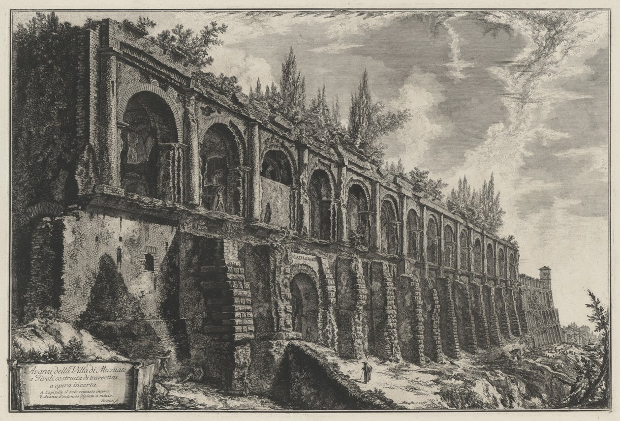 Maecenaksen huvilan rauniot Tivolissa, rakennettu travertiinista opus incertum -muuraustekniikalla tekijältä Giovanni Battista Piranesi