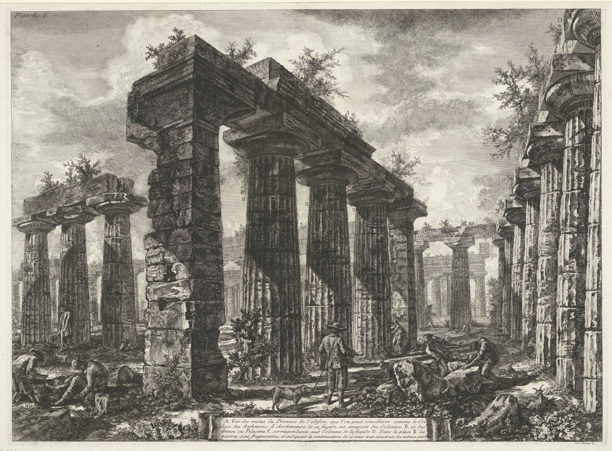 Basilica di Paestum in Paestum Erilaisia ​​näkymiä kolmen suuren rakennuksen jäännöksistä, jotka ovat edelleen pystyssä Paestumissa (sarjan nimi) Différentes vues de quelques restes de trois grands édifices qui subsistent encore dans l