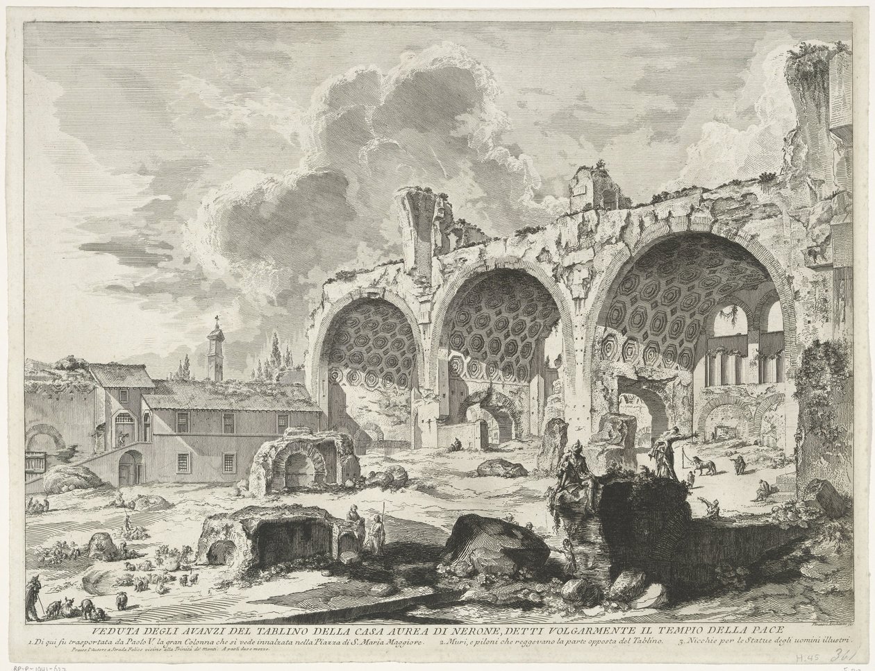 Basilica van Maxentius te Rome Näkymä Neron kultaisen talon Tablinon jäännöksille, jotka tunnetaan yleisesti rauhantemppelinä (otsikko esineessä) Gezichten op Rome (sarjan nimi) Näkymät Roomaan suunnitellut ja kaivertanut Giambattista Piranesi arkkitehti V tekijältä Giovanni Battista Piranesi