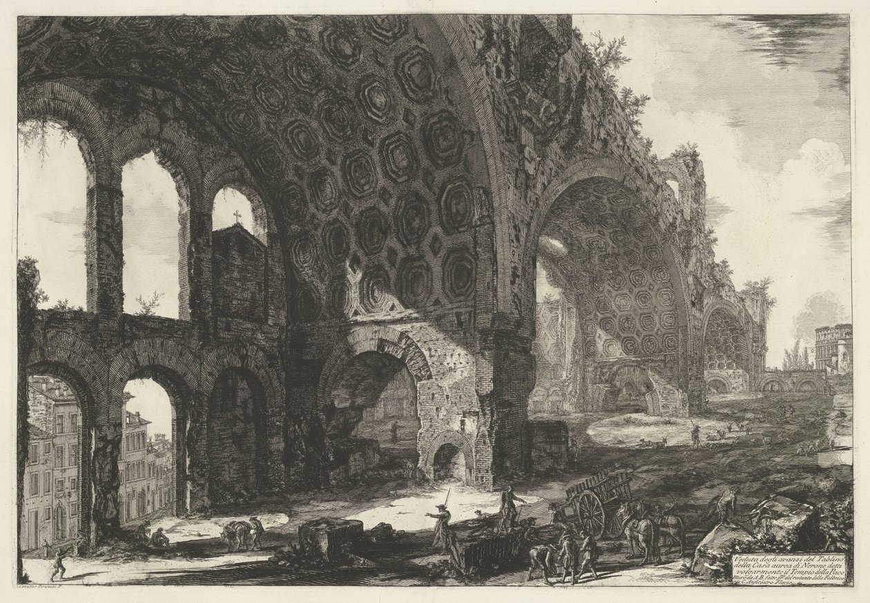 Basilica van Maxentius te Rome Näkymä Neron kultaisen talon Tablinon jäännöksille, jotka tunnetaan yleisesti rauhantemppelinä (otsikko esineessä) Gezichten op Rome (sarjan nimi) Näkymät Roomaan suunnitellut ja kaivertanut Giambattista Piranesi arkkitehti V tekijältä Giovanni Battista Piranesi