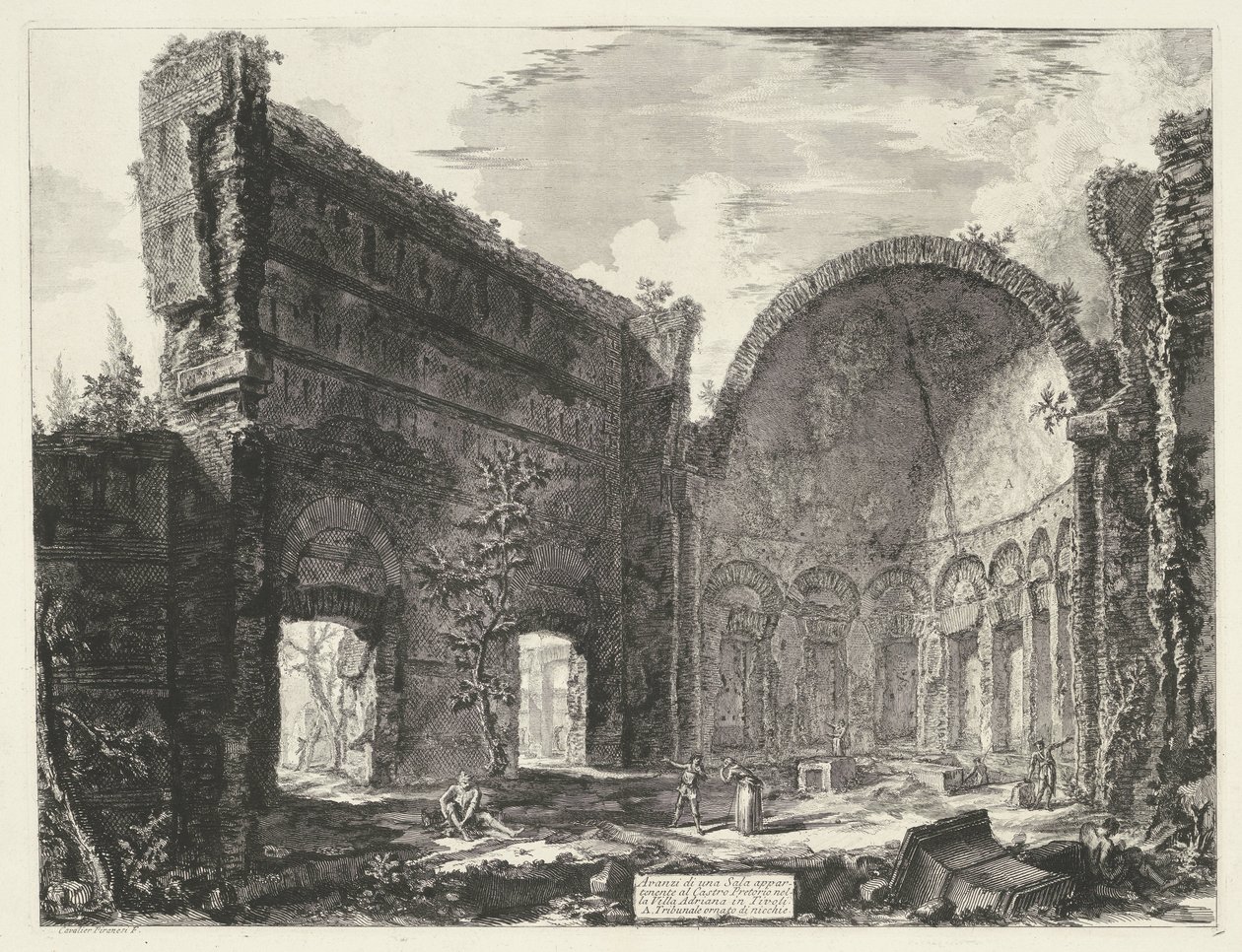 Bibliotheek de Villa Adriana t:ssä ja Tivolissa Castro Pretoriolle kuuluvan huoneen jäänteet Villa Adrianassa Tivolissa (otsikko esineessä) Gezichten op Rome (sarjan nimi) Näkymät Roomaan suunnitellut ja kaivertanut Giambattista Piranesi arkkitehti Ve (nez tekijältä Giovanni Battista Piranesi