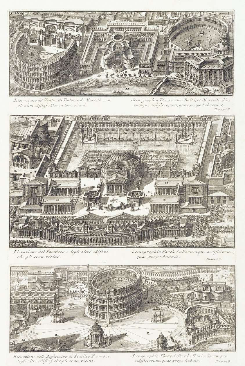 Näkymät lintuperspektiivistä: Balbo- ja Marcello-teatterit, Pantheon ja sitä ympäröivä alue sekä Statilio Tauro -amfiteatteri tekijältä Giovanni Battista Piranesi