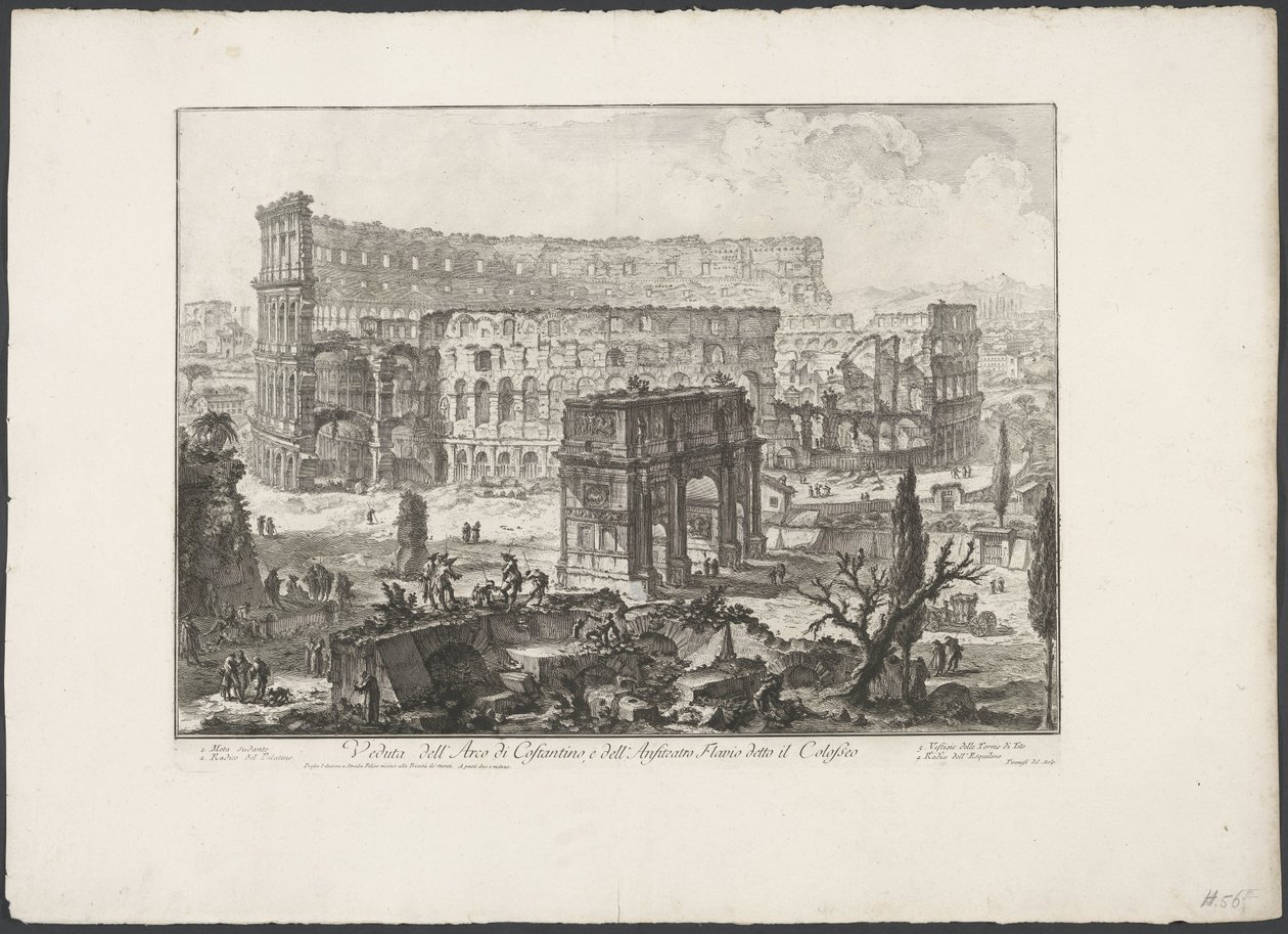 Boog van Constantijn ja Rooman Colosseum Näkymä Konstantinuksen kaarelle ja Flaviuksen amfiteatterille, joka tunnetaan nimellä Colosseum (otsikko esineessä) Gezichten op Rome (sarjan nimi) Näkymät Roomaan suunnitellut ja kaivertanut Giambattista Piranesi a tekijältä Giovanni Battista Piranesi
