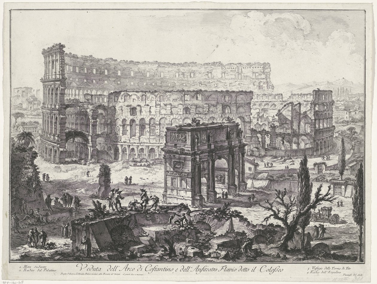 Boog van Constantijn ja Rooman Colosseum Näkymä Konstantinuksen kaarelle ja Flaviuksen amfiteatterille, joka tunnetaan nimellä Colosseum (otsikko esineessä) Gezichten op Rome (sarjan nimi) Näkymät Roomaan suunnitellut ja kaivertanut Giambattista Piranesi a tekijältä Giovanni Battista Piranesi