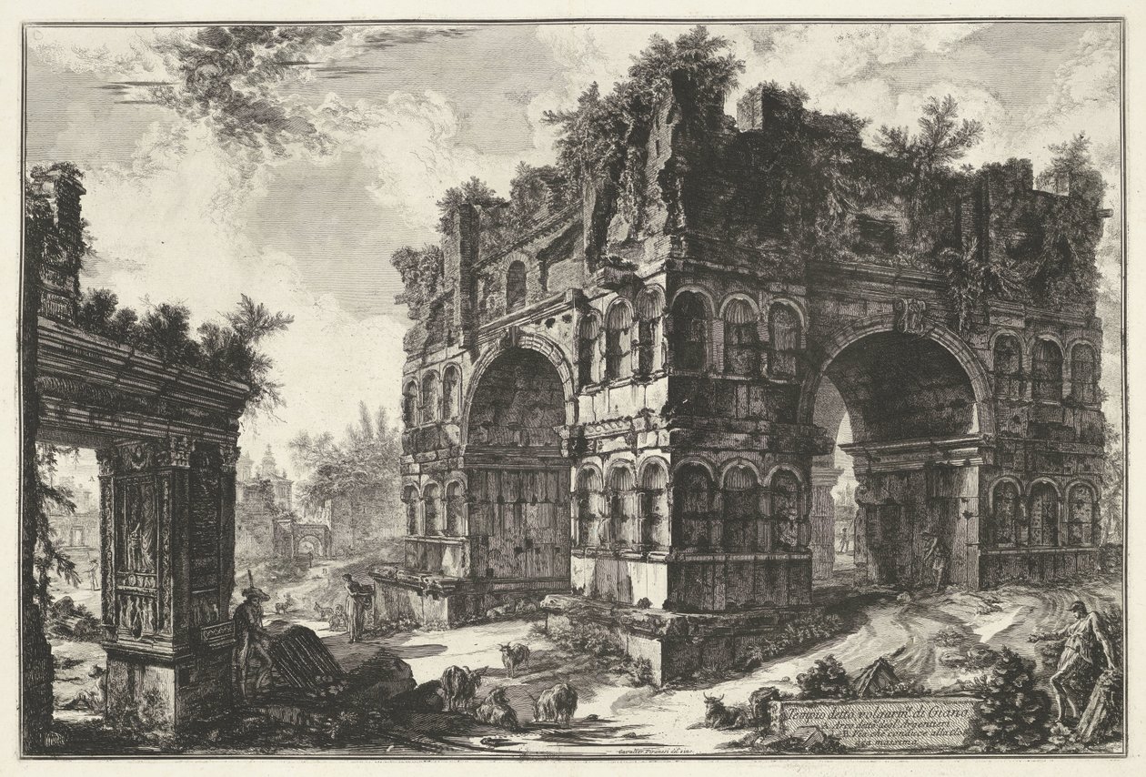 Boog van Janus en de Boog van de geldwisselaars te Rooma Temppeli nimeltä volgarm.te di Giano (otsikko esineessä) Gezichten op Rome (sarjan nimi) Näkymät Roomaan suunnitellut ja kaivertanut Giambattista Piranesi arkkitehti Ve (nez) iano (sarjan nimi) tekijältä Giovanni Battista Piranesi