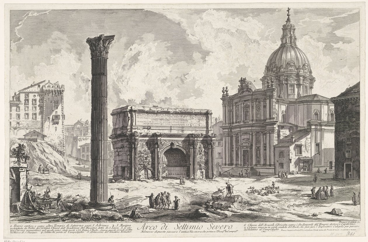 Boog van Septimius Severus Forum Romanumissa Septimius Severin kaari (...) (otsikko esineessä) Gezichten op Rome (sarjan nimi) Näkymät Roomaan suunnitellut ja kaivertanut Giambattista Piranesi arkkitehti Ve (nez) iano (sarjan nimi) tekijältä Giovanni Battista Piranesi