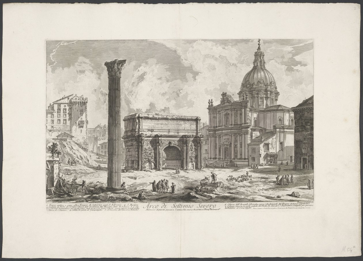 Boog van Septimius Severus Forum Romanumissa Septimius Severuksen kaari (...) (otsikko esineessä) Gezichten op Rome (sarjan nimi) Rooman näkymät piirtänyt ja kaivertanut Giambattista Piranesi arkkitehti Ve(nez)iano (sarjan nimi) tekijältä Giovanni Battista Piranesi