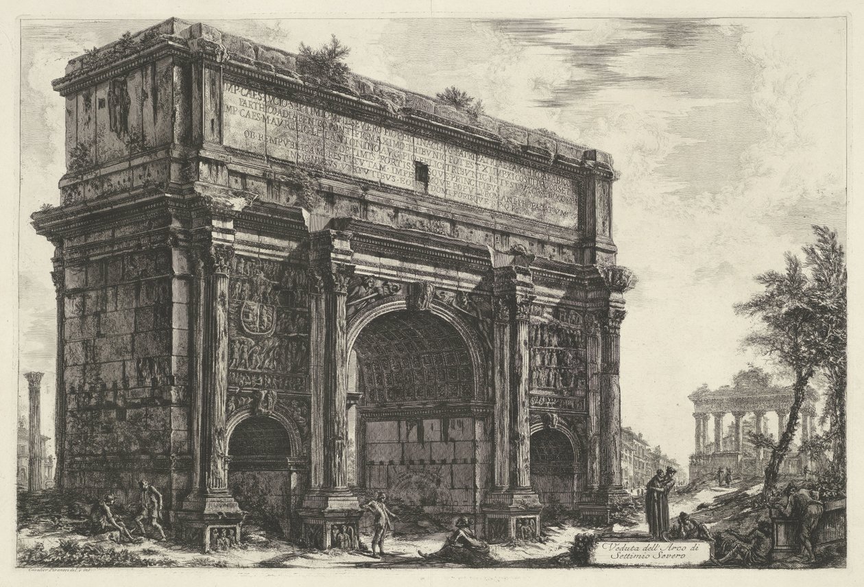 Boog van Septimius Severus Roomassa Näkymä Septimius Severuksen kaaresta (otsikko esineessä) Gezichten op Rome (sarjan nimi) Näkymät Roomaan suunnitellut ja kaivertanut Giambattista Piranesi arkkitehti Ve (nez) iano (sarjan nimi) tekijältä Giovanni Battista Piranesi