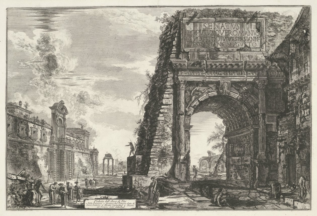 Boog van Titus te Roomassa Näkymä Tituksen kaaresta (otsikko esineessä) Gezichten op Rome (sarjan nimi) Näkymät Roomaan suunnitellut ja kaivertanut Giambattista Piranesi arkkitehti Ve (nez) iano (sarjan nimi) tekijältä Giovanni Battista Piranesi