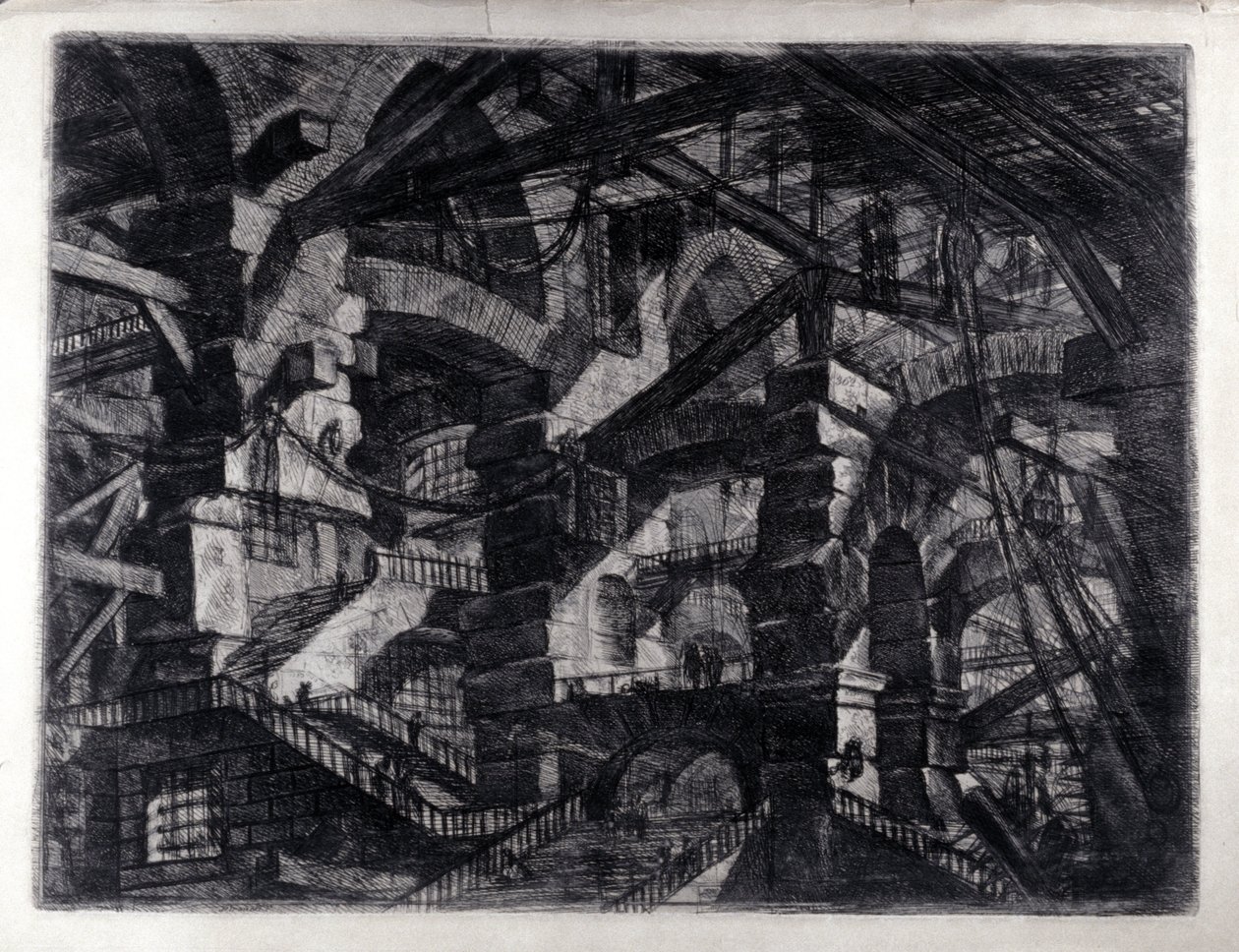 "Keksintövankilat" "Sisäinen näkemys kuvitteellisesta vankilasta. Giovanni Piranesi (tunnetaan nimellä Piranese) piirustus (1720-1778). tekijältä Giovanni Battista Piranesi