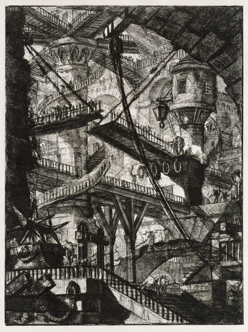 Kuvitteelliset vankilat: portaat ja laskusilta tekijältä Giovanni Battista Piranesi