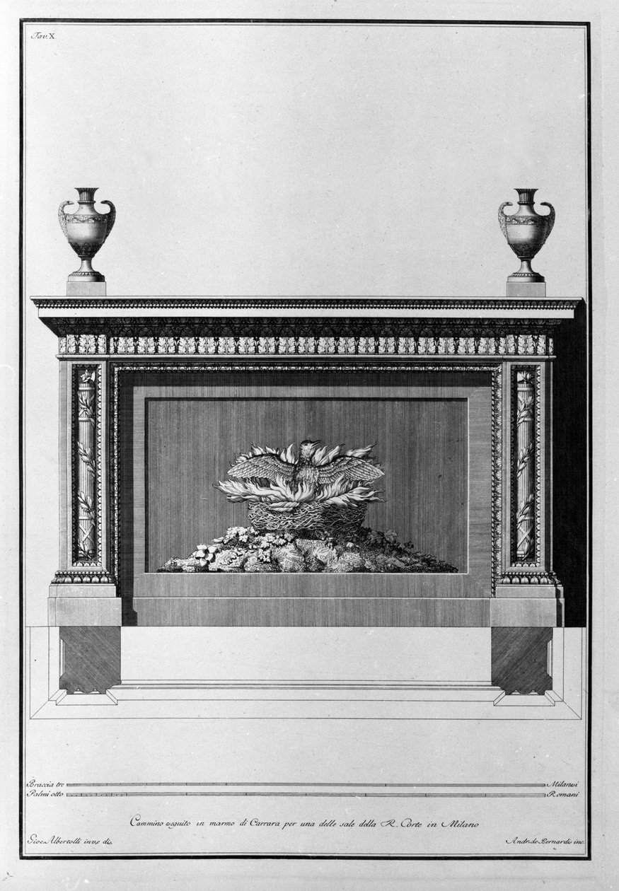 Carraran marmorista tehty takkaprojekti milanolaiseen olohuoneeseen. Giovanni Piranesi (tunnetaan nimellä Piranese) piirustus (1720-1778). tekijältä Giovanni Battista Piranesi