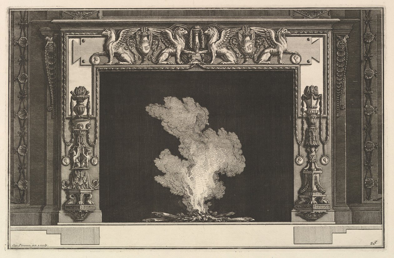 Savupiippu: Syrjäytyneet griffonit kannassa ja kynttelikkö karmissa Ch. accomp..., ca. 1769. tekijältä Giovanni Battista Piranesi