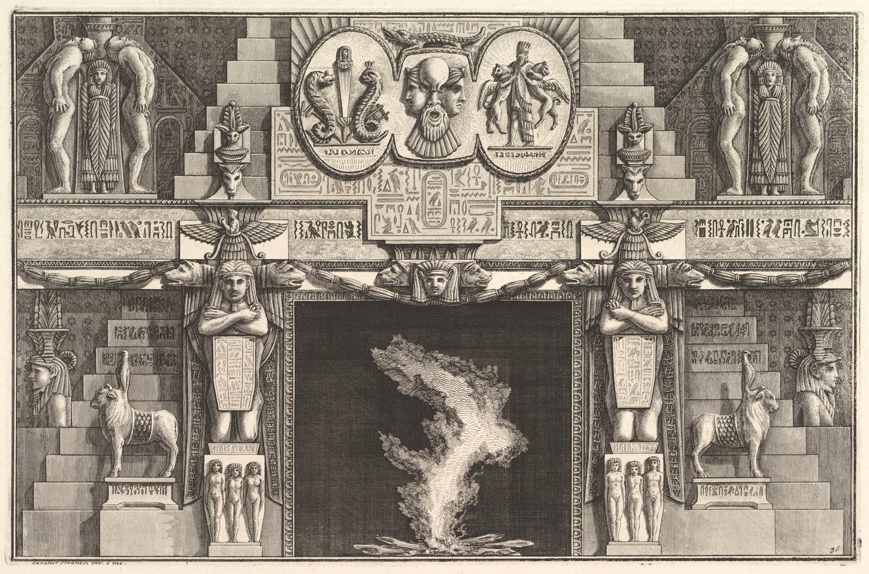 Savupiippu Egyptin tyyliin: Kolmen naisen alaston ryhmät kunkin j...n juuressa, n. 1769. tekijältä Giovanni Battista Piranesi
