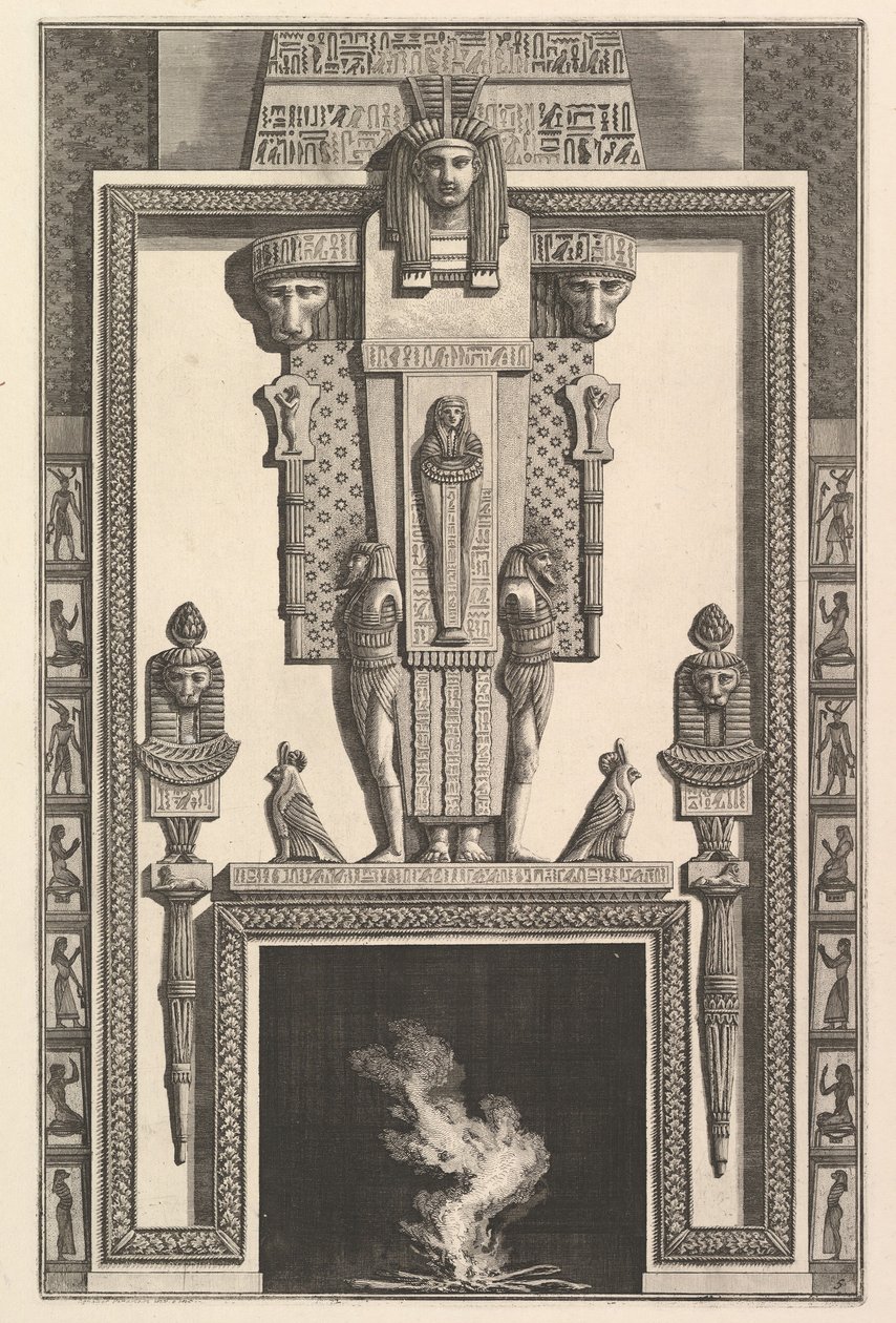 Egyptiläistyylinen savupiippu: muumio suuren karjatidin päällä linteen yläpuolella..., 1769. tekijältä Giovanni Battista Piranesi