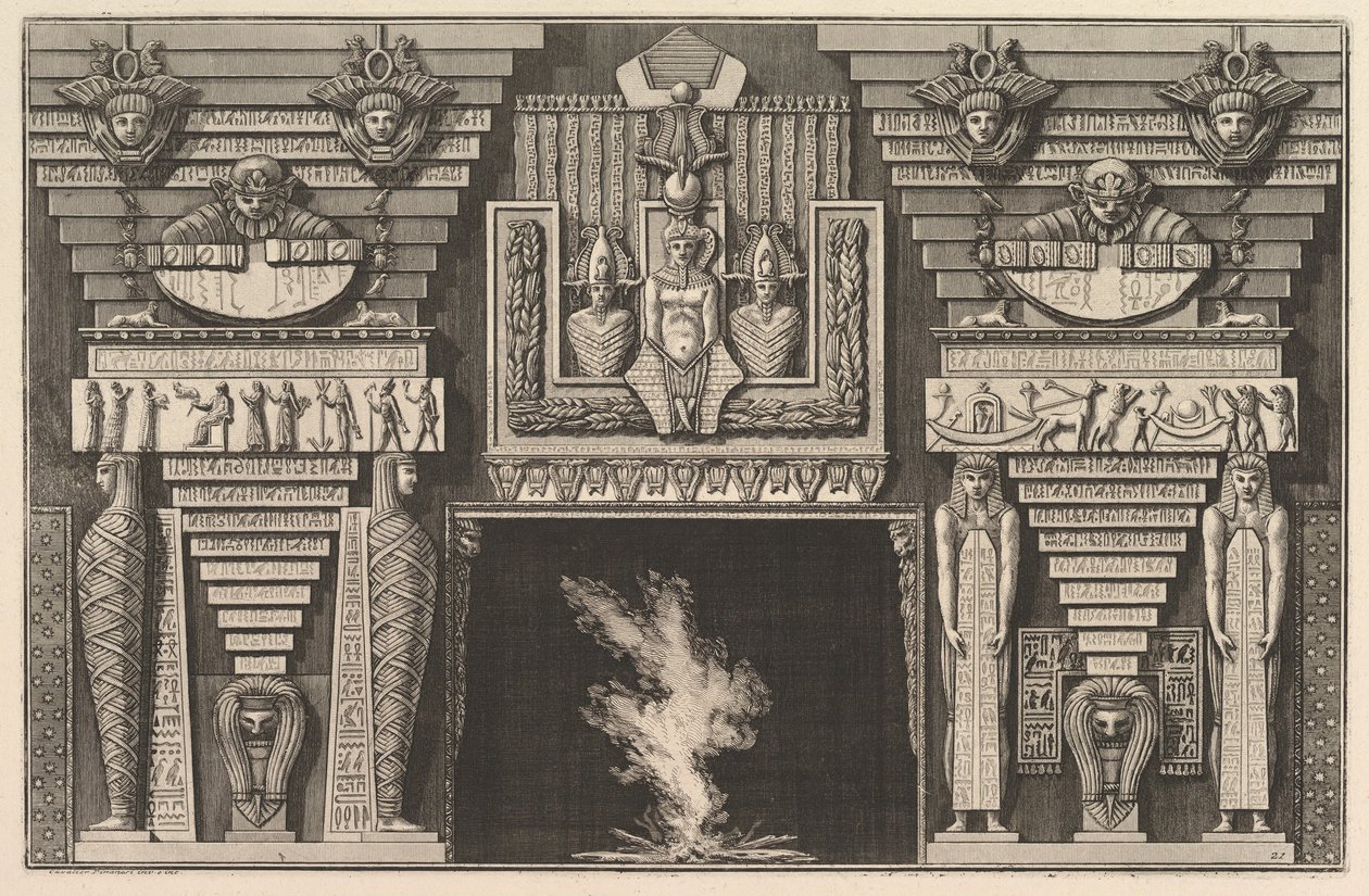 Savupiippu Egyptin tyyliin: Kaksi muumiota profiilissa vasemmalla ja kaksi hahmoa..., n. 1769. tekijältä Giovanni Battista Piranesi