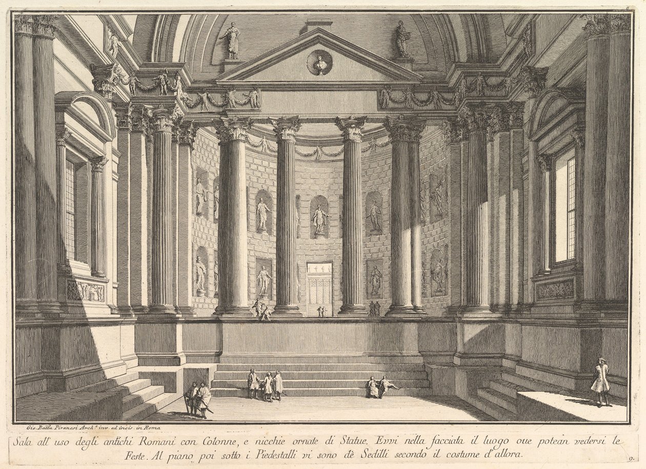 Pylväshalli muinaisten roomalaisten tapaan, ja kapeita koristaa..., n. 1750. tekijältä Giovanni Battista Piranesi