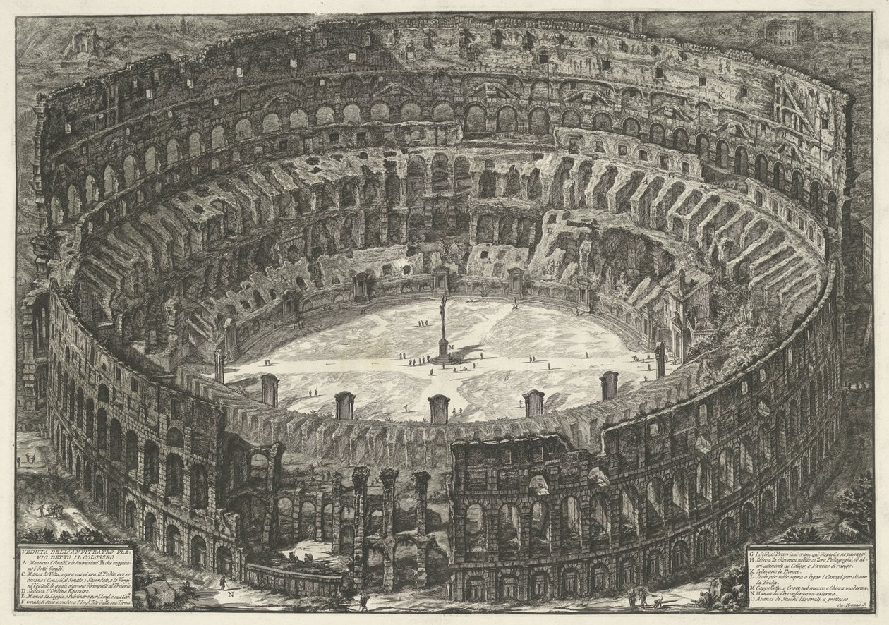 Rooman Colosseum Näkymä Flaviuksen amfiteatterille, joka tunnetaan nimellä Colosseum (otsikko esineessä) Gezichten op Rome (sarjan nimi) Näkymät Roomaan suunnitellut ja kaivertanut Giambattista Piranesi arkkitehti Ve (nez) iano (sarjan nimi) tekijältä Giovanni Battista Piranesi