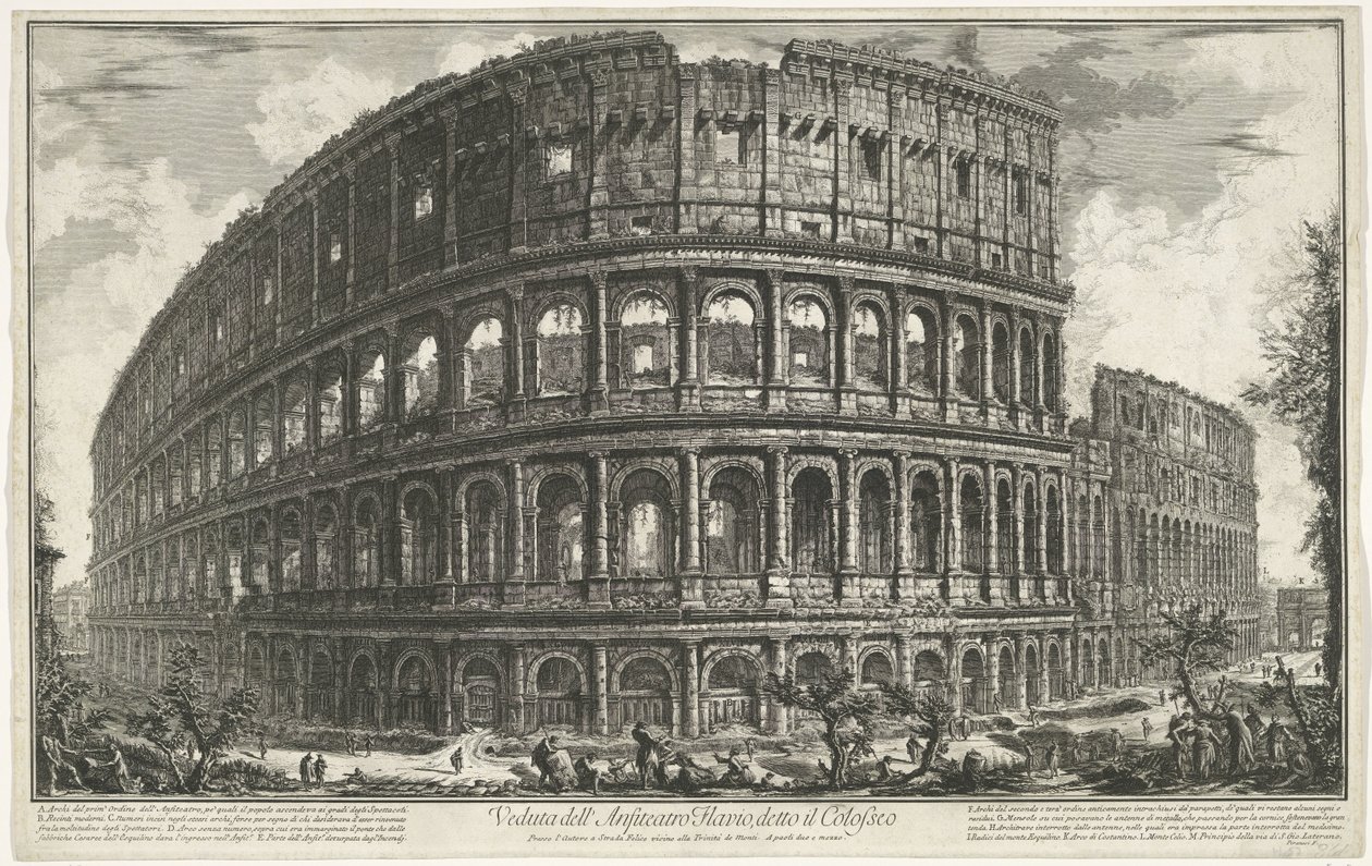 Rooman Colosseum Näkymä Flaviuksen amfiteatterille, joka tunnetaan nimellä Colosseum (otsikko esineessä) Gezichten op Rome (sarjan nimi) Näkymät Roomaan suunnitellut ja kaivertanut Giambattista Piranesi arkkitehti Ve (nez) iano (sarjan nimi) tekijältä Giovanni Battista Piranesi