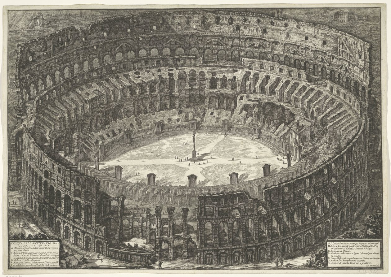 Rooman Colosseum Näkymä Flaviuksen amfiteatterille, joka tunnetaan nimellä Colosseum (otsikko esineessä) Gezichten op Rome (sarjan nimi) Näkymät Roomaan suunnitellut ja kaivertanut Giambattista Piranesi arkkitehti Ve (nez) iano (sarjan nimi) tekijältä Giovanni Battista Piranesi