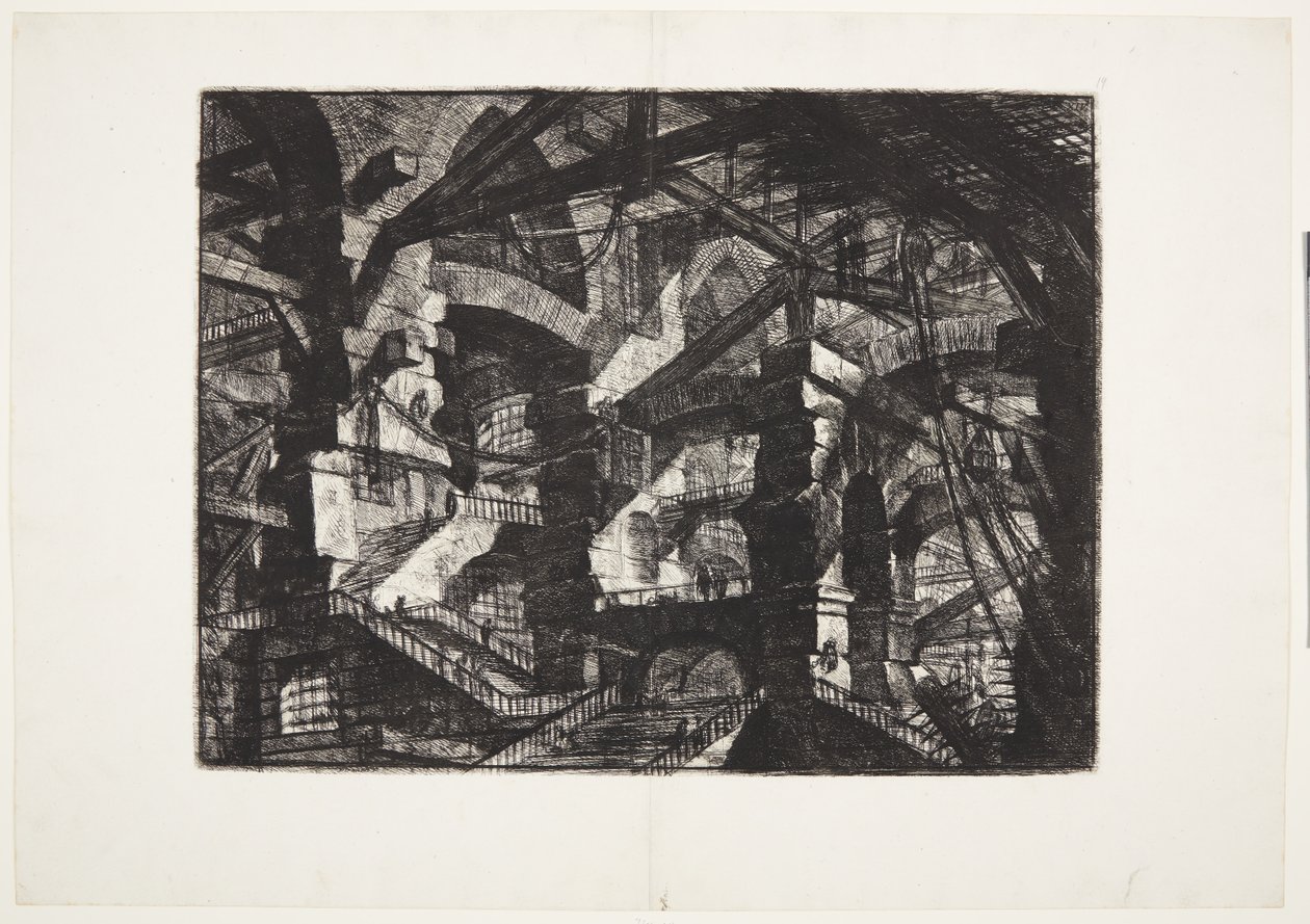 Monimutkaiset ryhmät toisiinsa liittyviä rauniokaareja, jotka tukevat palkkeja ja köysiä tekijältä Giovanni Battista Piranesi