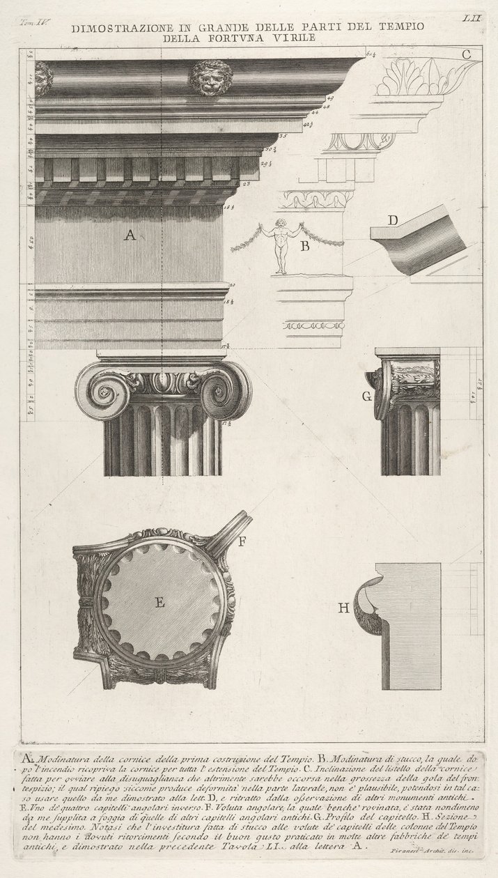Reunalista ja pylväs Fortuna Viriliksen temppelistä Tempio della Fortuna Virile, ..., 1756. tekijältä Giovanni Battista Piranesi