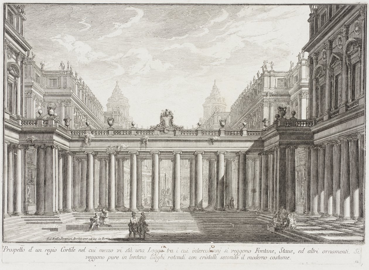 Pylväskäytävien ympäröimä sisäpiha tekijältä Giovanni Battista Piranesi