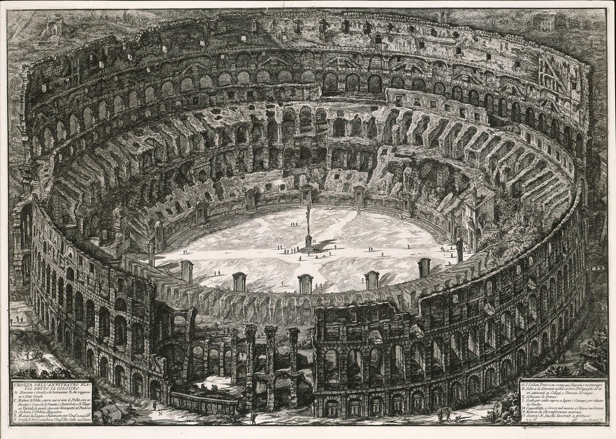 Colosseum lintuperspektiivistä (teoksesta: Vedute di Roma) tekijältä Giovanni Battista Piranesi