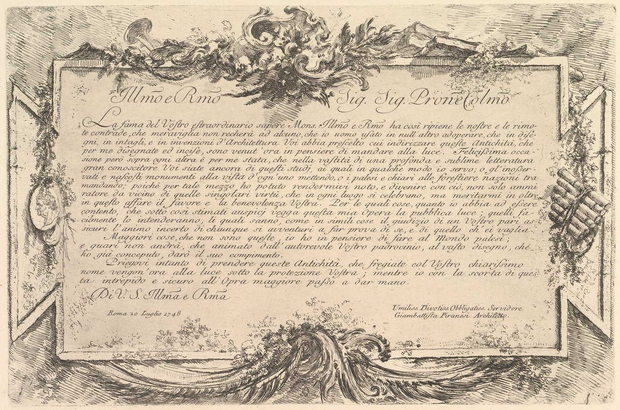 Omistautuminen Giovanni Bottarille Omistus Bottarille, n. 1748. tekijältä Giovanni Battista Piranesi