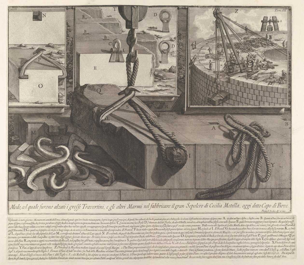 Esittelypaneeli, joka esittää tekniikkaa travertiini- ja marmoriharkkojen nostamiseen con..., 1756. tekijältä Giovanni Battista Piranesi