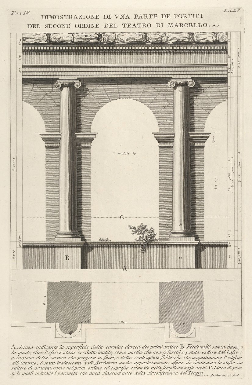 Marcellus Teatro di Marcin teatterin toisen asteen portioksen korkeus ja suunnitelma, 1756. tekijältä Giovanni Battista Piranesi