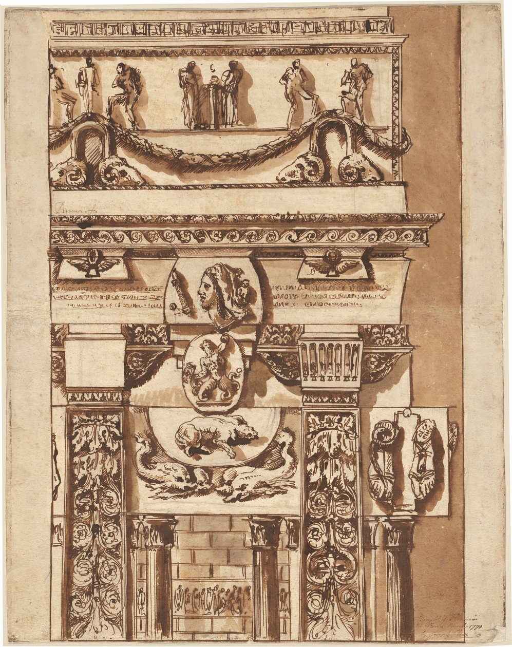 Fantasia julkisivusta outoilla koristeilla tekijältä Giovanni-Battista Piranesi