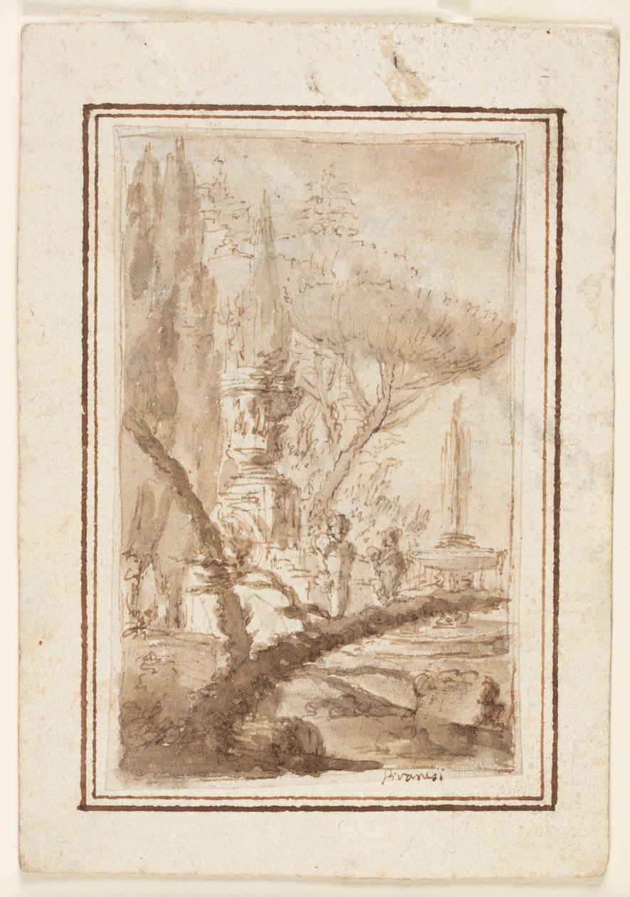 Fantasia puutarhasta, jossa on monumentaalinen uurna, veistoksia ja suihkulähde tekijältä Giovanni Battista Piranesi