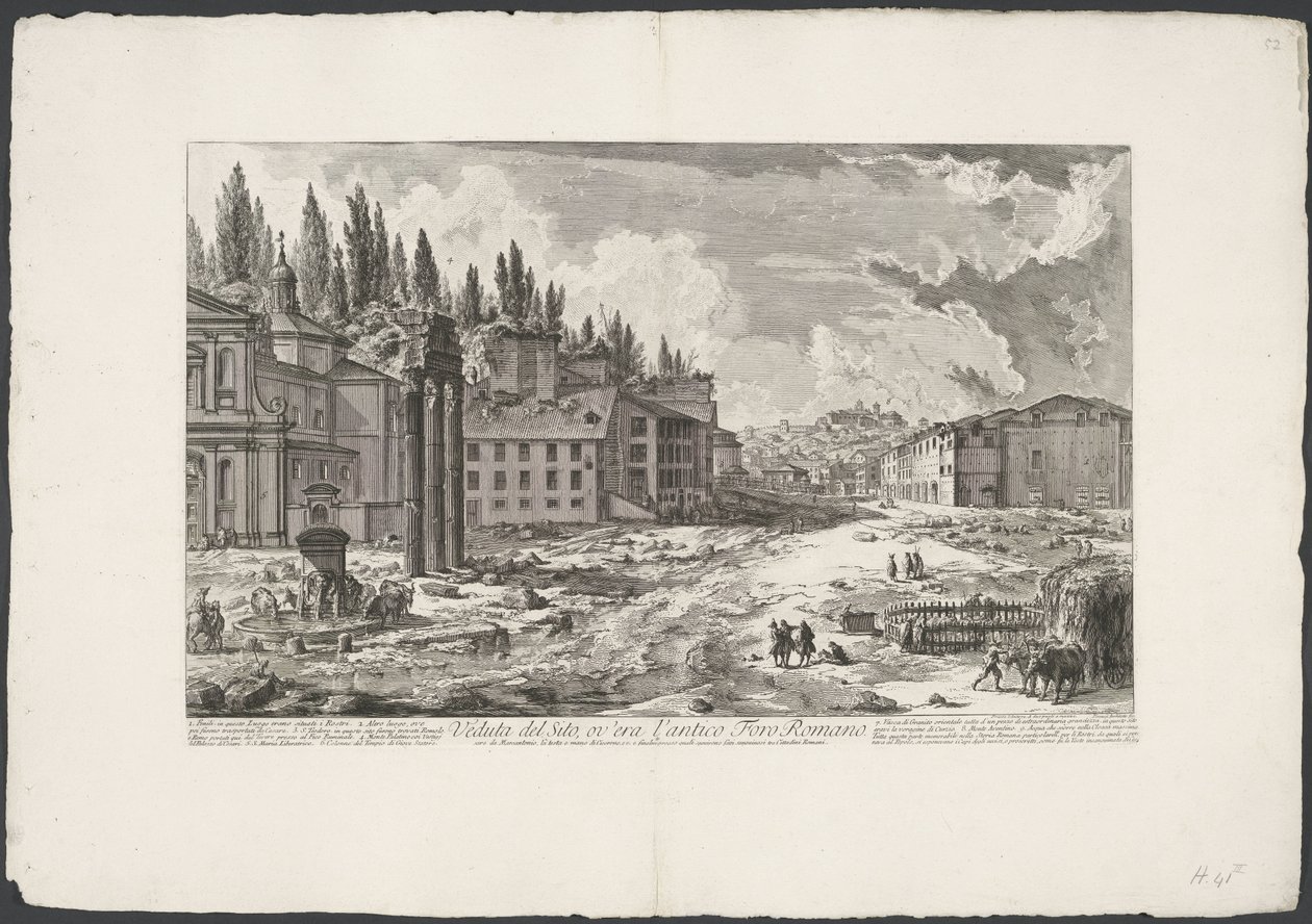Forum Romanum tapasi Jupiter Statorin temppelin Roomassa Näkymä paikalle, jossa oli muinainen Forum Romanum (otsikko esineessä) Gezichten op Rome (sarjan nimi) Näkymät Roomaan suunnitellut ja kaivertanut Giambattista Piranesi arkkitehti Ve (nez) iano (sarj tekijältä Giovanni Battista Piranesi