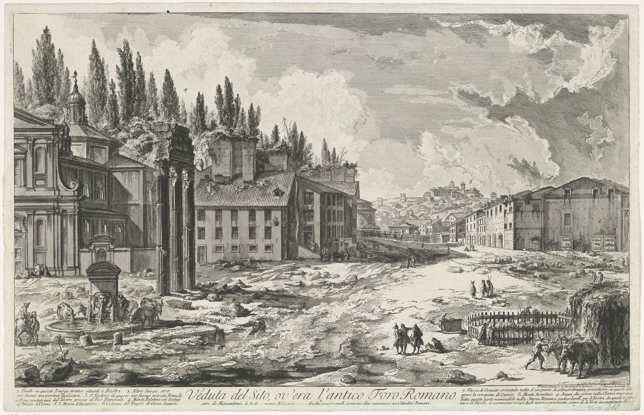Forum Romanum tapasi Jupiter Statorin temppelin Roomassa Näkymä paikalle, jossa oli muinainen Forum Romanum (otsikko esineessä) Gezichten op Rome (sarjan nimi) Näkymät Roomaan suunnitellut ja kaivertanut Giambattista Piranesi arkkitehti Ve (nez) iano (sarj tekijältä Giovanni Battista Piranesi