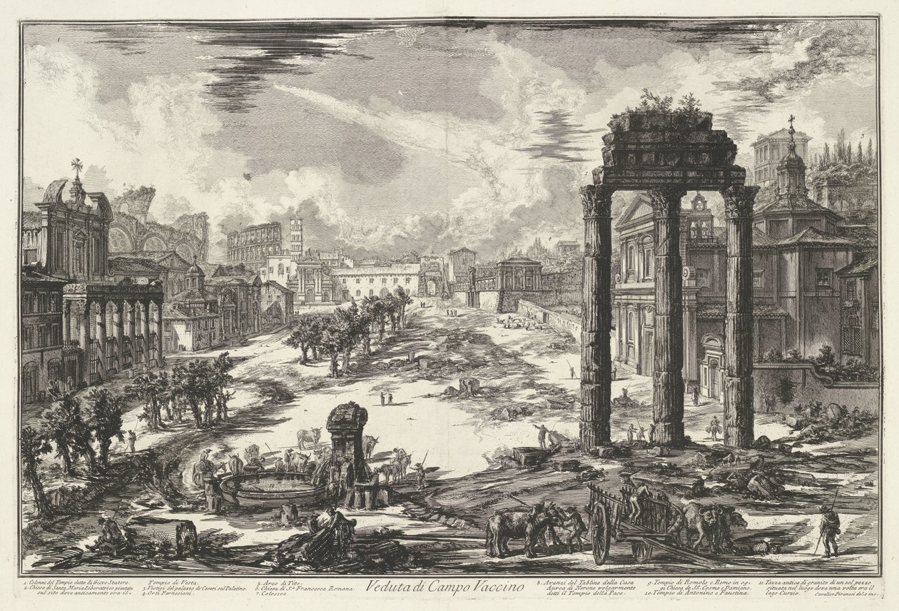 Forum Romanum te Rome Näkymä Campo Vaccinolle (otsikko esineessä) Gezichten op Rome (sarjan nimi) Näkymät Roomaan suunnitellut ja kaivertanut Giambattista Piranesi arkkitehti Ve (nez) iano (sarjan nimi) tekijältä Giovanni Battista Piranesi