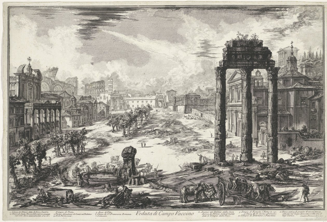 Forum Romanum te Rome Näkymä Campo Vaccinolle (otsikko esineessä) Gezichten op Rome (sarjan nimi) Näkymät Roomaan suunnitellut ja kaivertanut Giambattista Piranesi arkkitehti Ve (nez) iano (sarjan nimi) tekijältä Giovanni Battista Piranesi