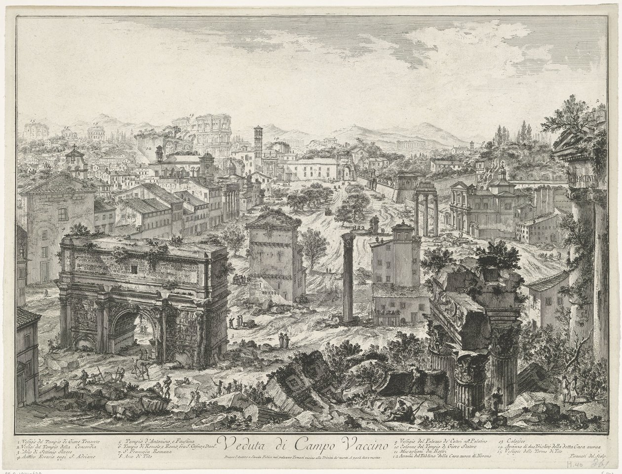 Forum Romanum te Rome Näkymä Campo Vaccinolle (otsikko esineessä) Gezichten op Rome (sarjan nimi) Näkymät Roomaan suunnitellut ja kaivertanut Giambattista Piranesi arkkitehti Ve (nez) iano (sarjan nimi) tekijältä Giovanni Battista Piranesi